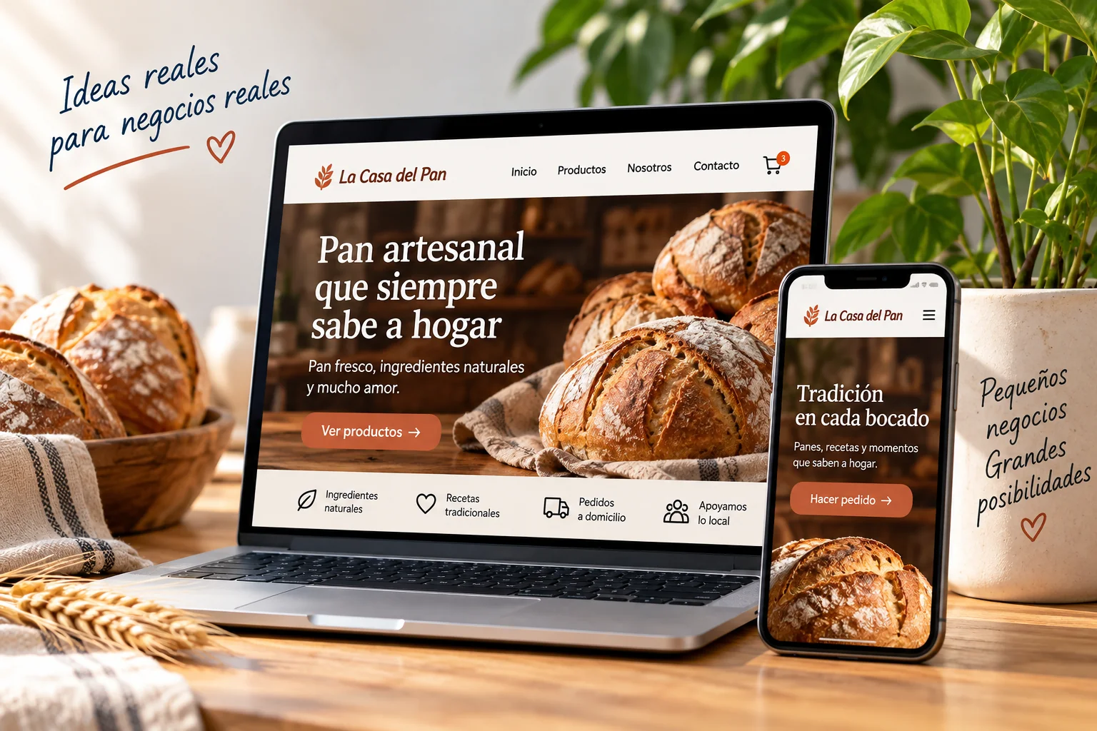 Ejemplo de sitio web construido por Web Artesanal, mostrado en laptop