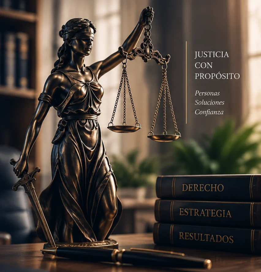 Estatua de la justicia con balanza, sobre escritorio con libros de Derecho, Estrategia y Resultados
