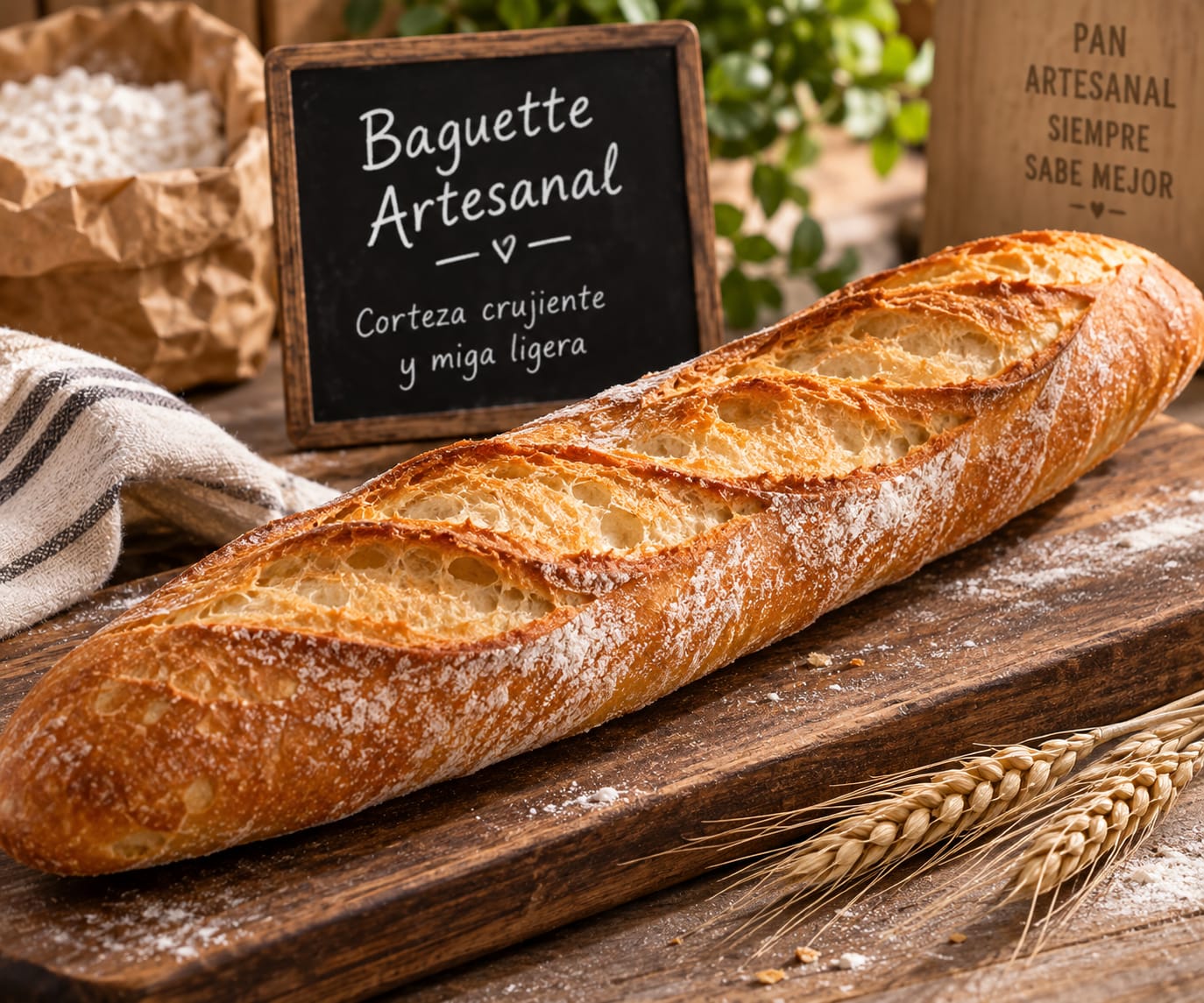 Baguette artesanal recién horneada, con corteza crujiente y miga ligera
