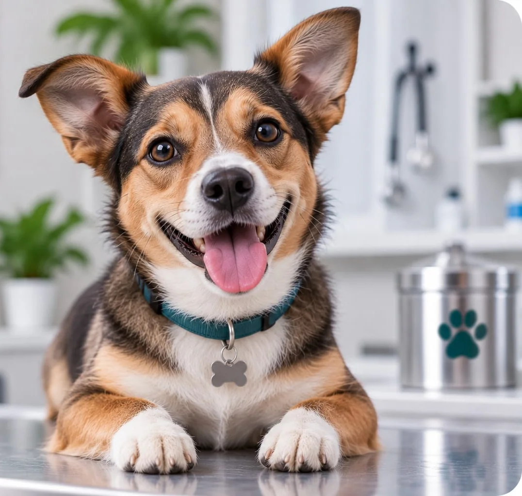 Perro sonriente en la clínica veterinaria
