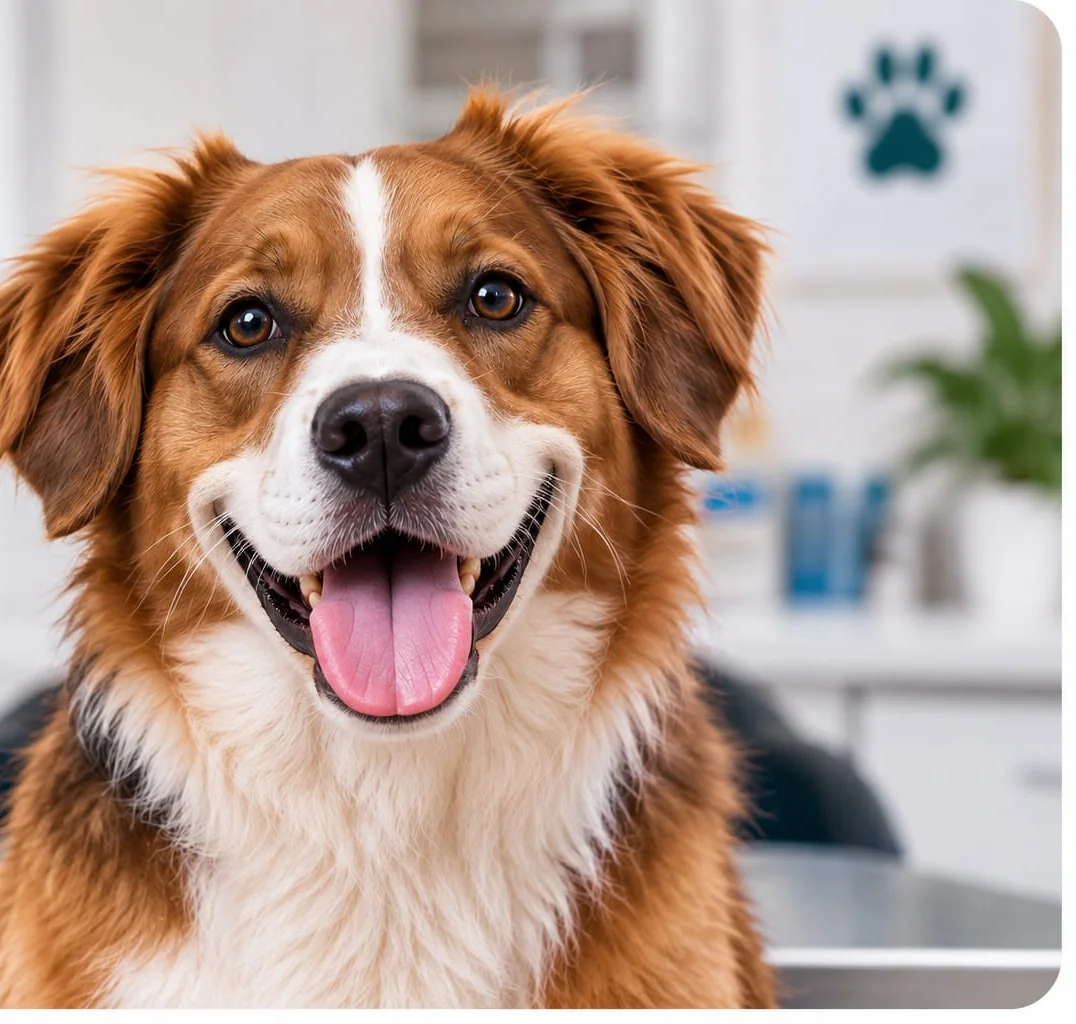 Perro con collar en consulta veterinaria, con ícono de estetoscopio