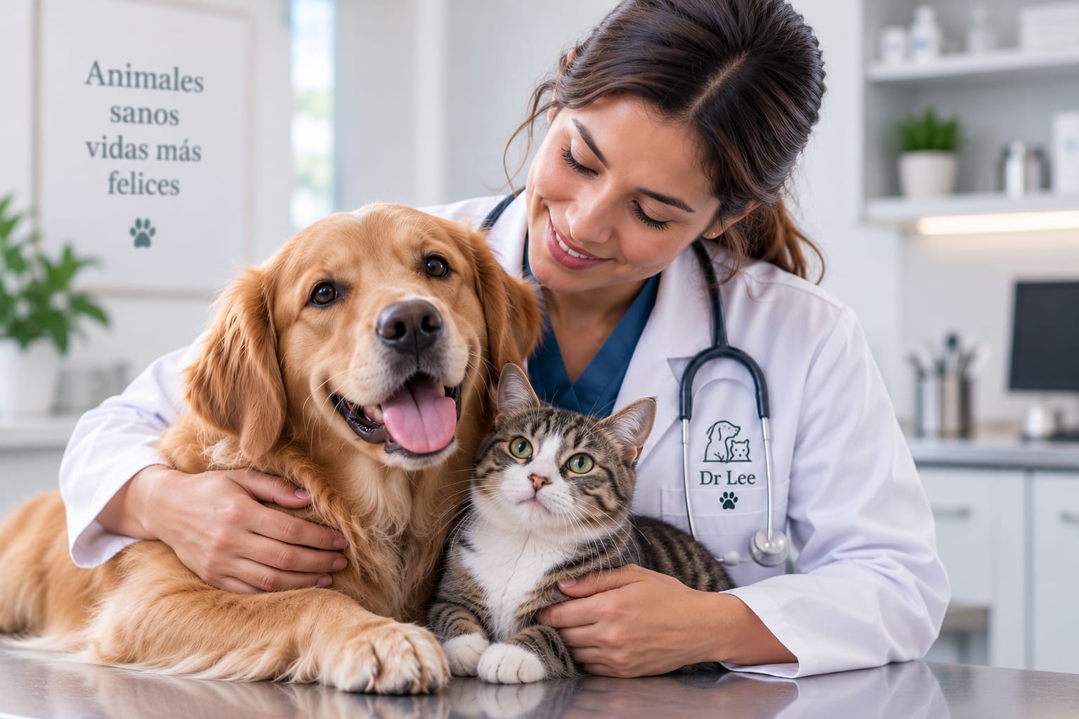 Veterinaria de Dr Lee junto a un perro golden retriever y un gato